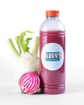Bottle of BLUEY'S Pink Juice, freshly made with ginger, beet, and fennel. A product in the BLUEY'S Catering offering that can be delivered to your office in Amsterdam