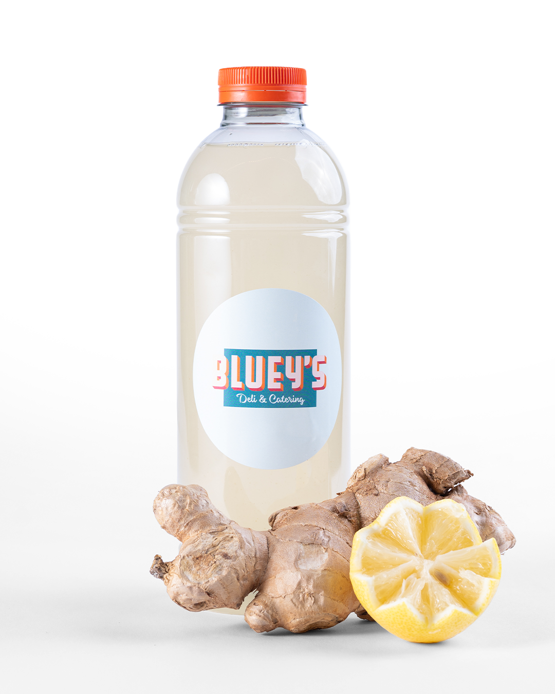 Bottle of BLUEY'S fresh ginger lemonade,  a product in the BLUEY'S Catering offering that can be delivered to your office in Amsterdam