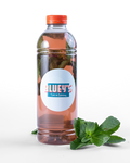 Bottle of 'Bluey's' lemonade with a orange cap and label, accompanied by mint leaves. To order with BLUEYS catering in Amsterdam.