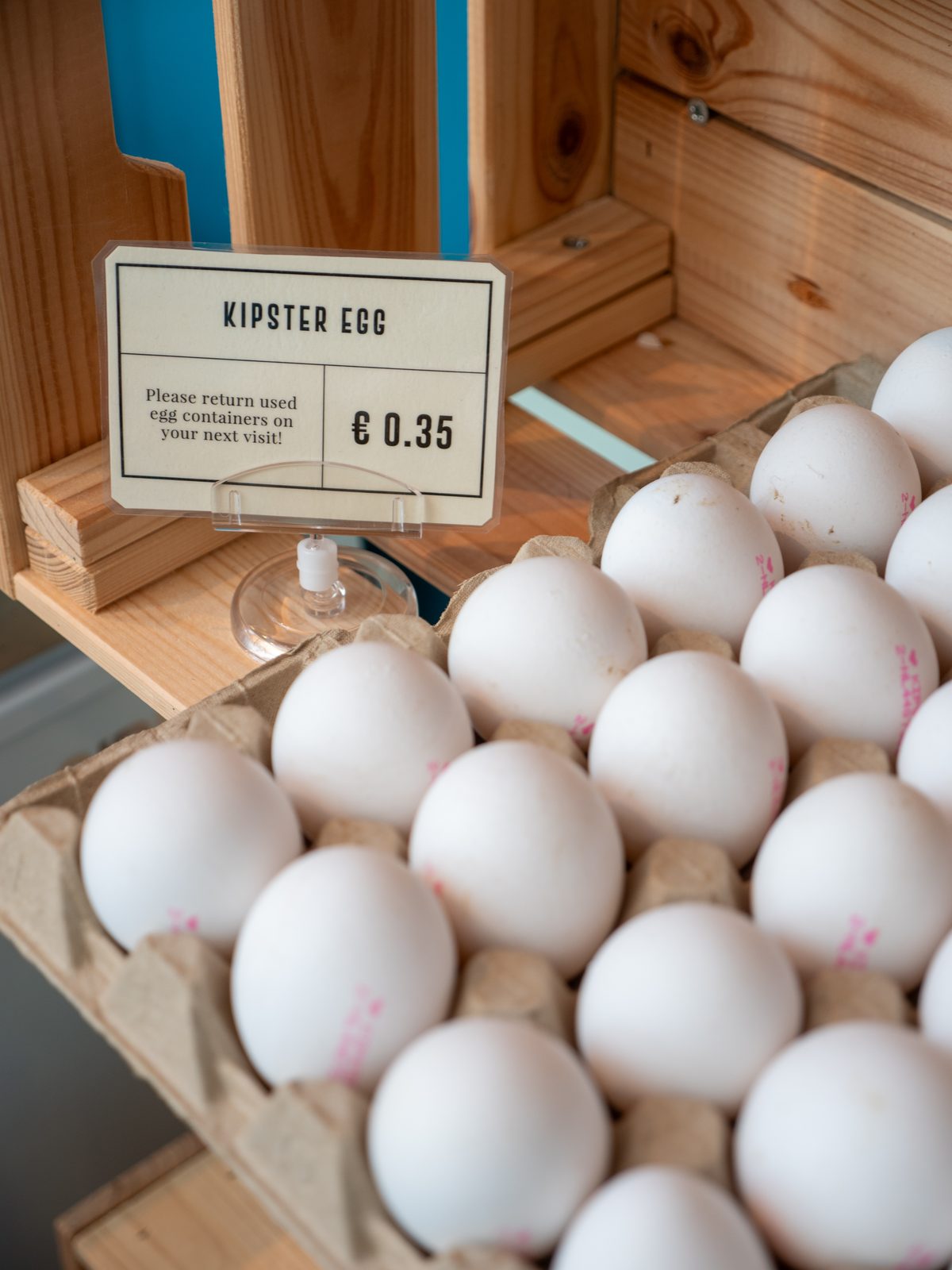 Trays of fresh Kipster eggs for sale at Bluey's deli in Amsterdam