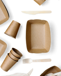 A set of disposable brown kraft paper food packaging and tableware for your BLUEY'S Catering order