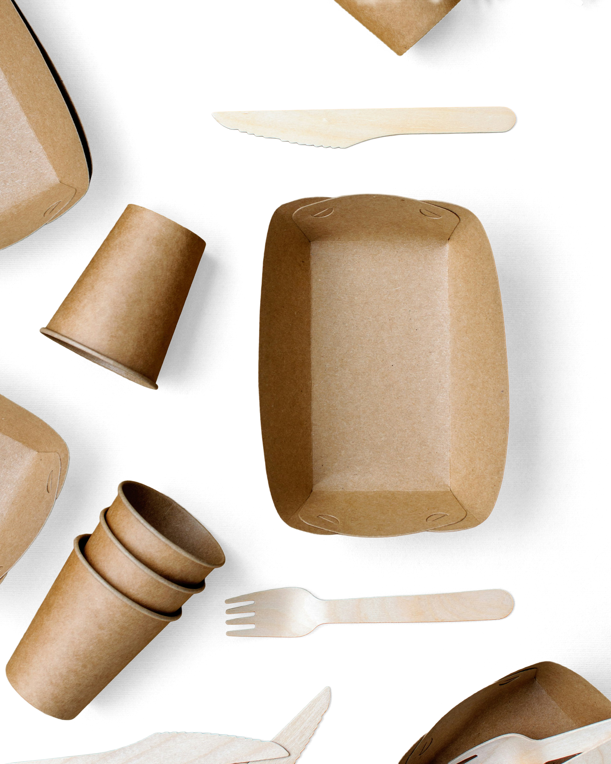 A set of disposable brown kraft paper food packaging and tableware for your BLUEY'S Catering order